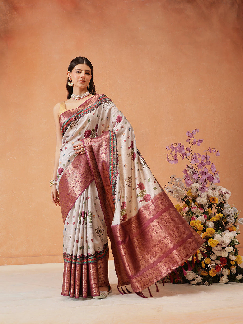 Grey Kanjeevaram Banarasi Silk Saree with Floral Digital Prints