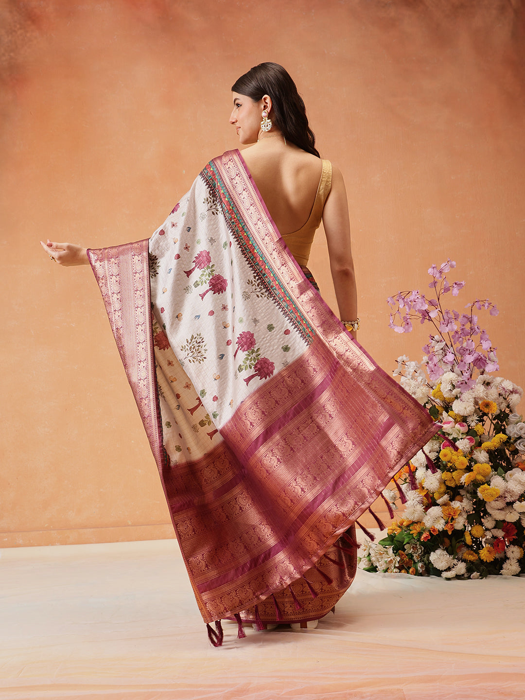 Grey Kanjeevaram Banarasi Silk Saree with Floral Digital Prints