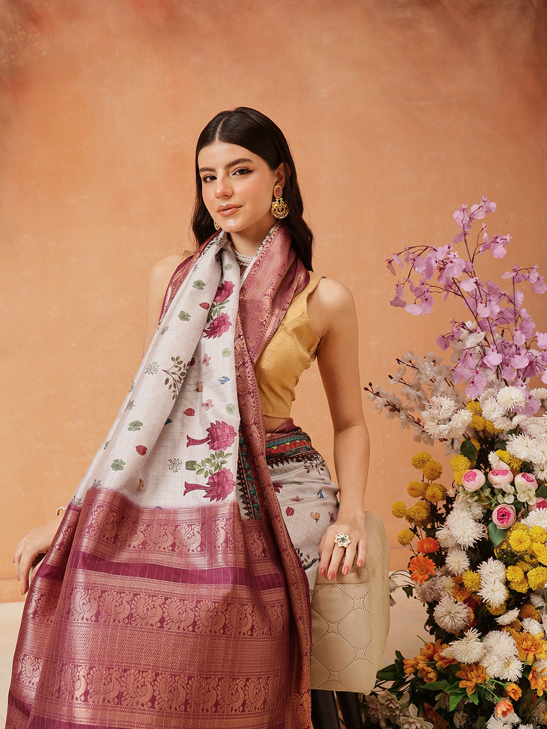 Grey Kanjeevaram Banarasi Silk Saree with Floral Digital Prints