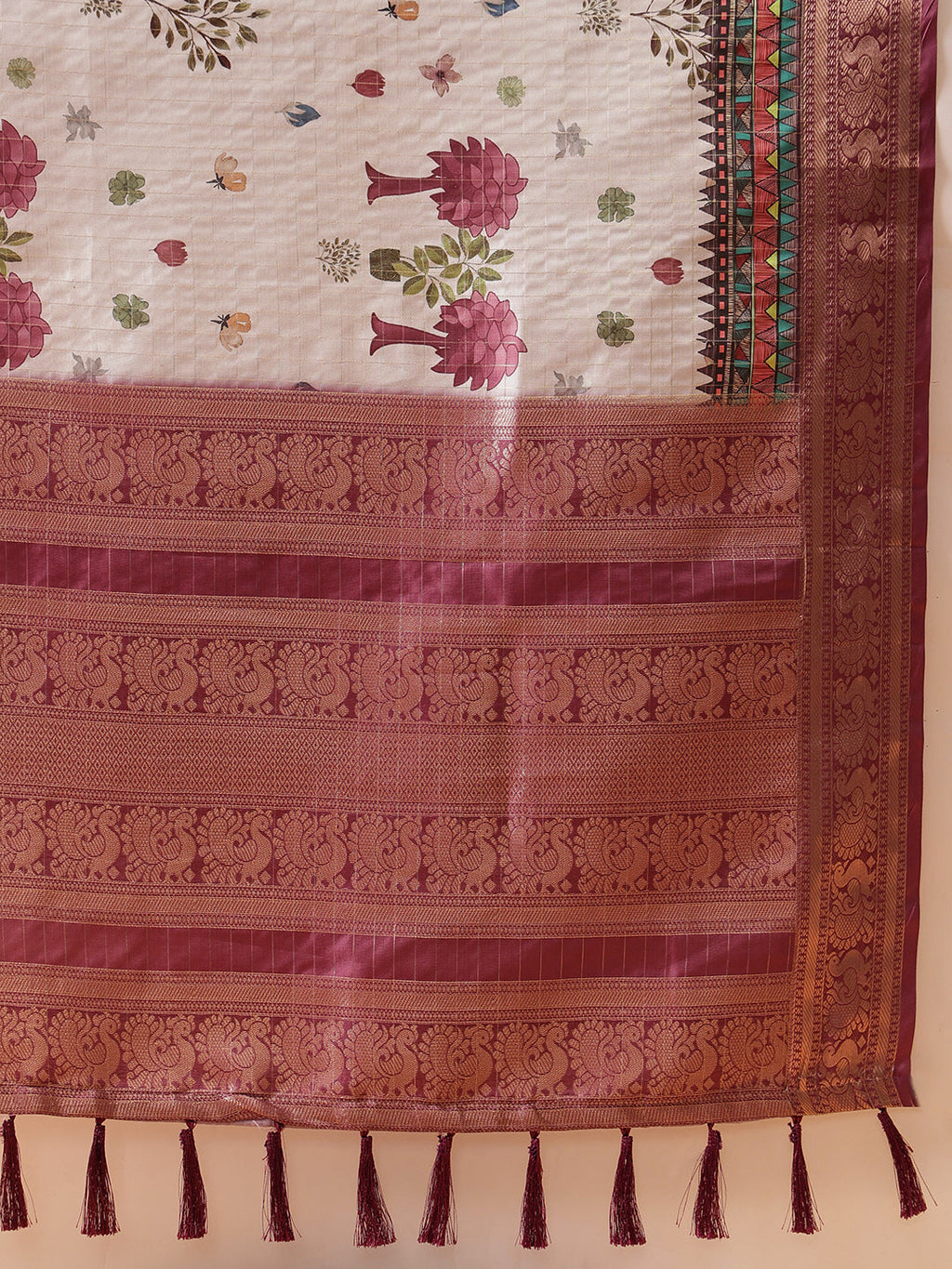 Grey Kanjeevaram Banarasi Silk Saree with Floral Digital Prints