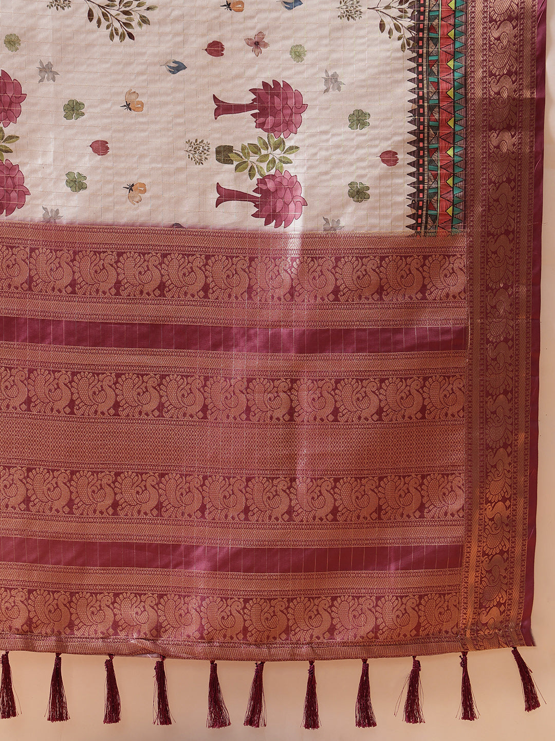 Grey Kanjeevaram Banarasi Silk Saree with Floral Digital Prints