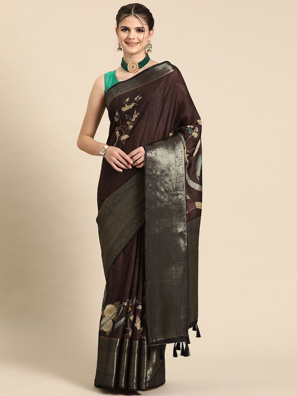 Brown Kanchipuram silk saree with vibrant digital floral print and unstitched blouse piece