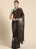 Brown Kanchipuram silk saree with vibrant digital floral print and unstitched blouse piece