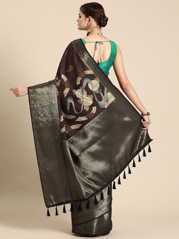 Brown Kanchipuram Silk Saree with Digital Floral Print & Blouse