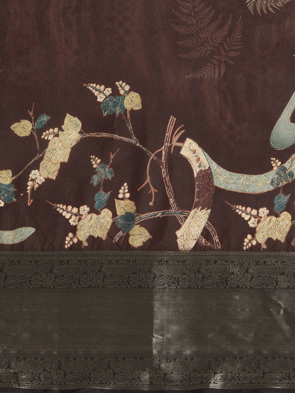 Brown Kanchipuram Silk Saree with Digital Floral Print & Blouse