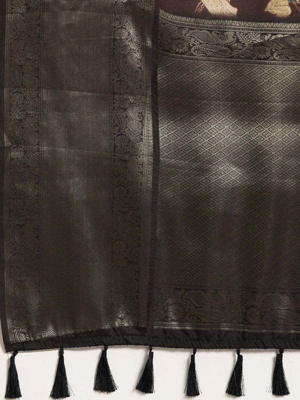 Brown Kanchipuram Silk Saree with Digital Floral Print & Blouse