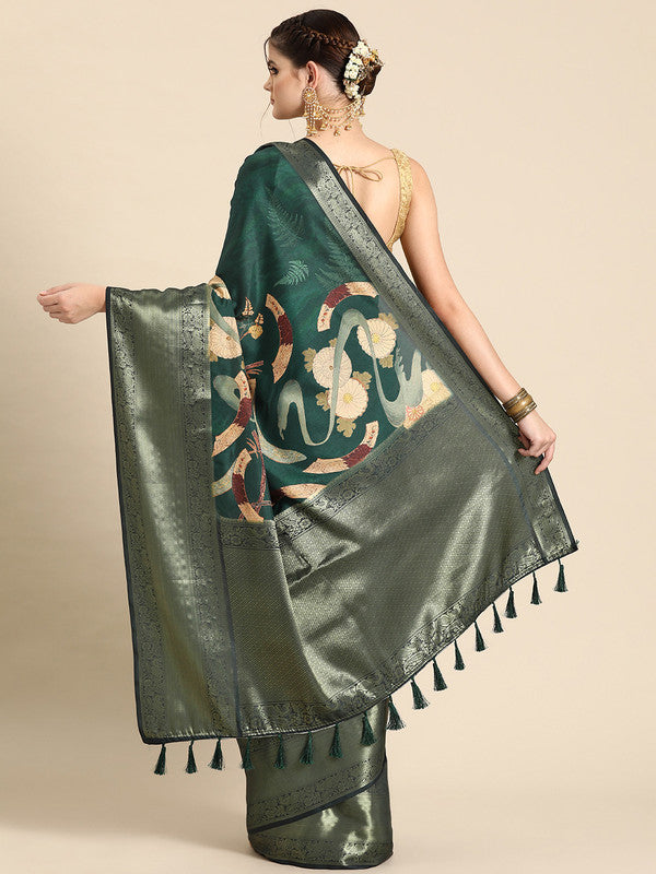 Green Kanchipuram Silk Floral Digital Print Saree with Blouse