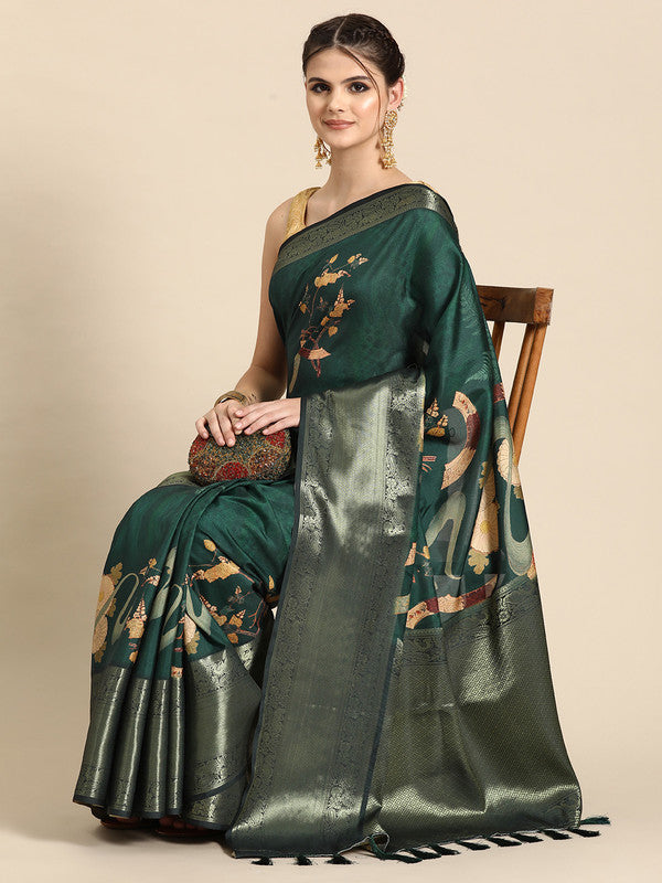 Green Kanchipuram Silk saree with digital floral print and unstitched blouse