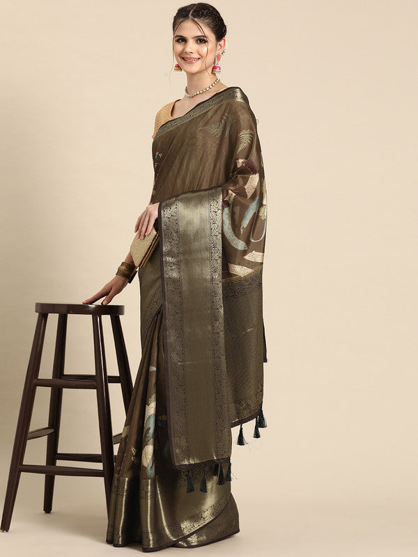 Multicolor Kanchipuram Silk saree with vibrant floral digital print and matching unstitched blouse