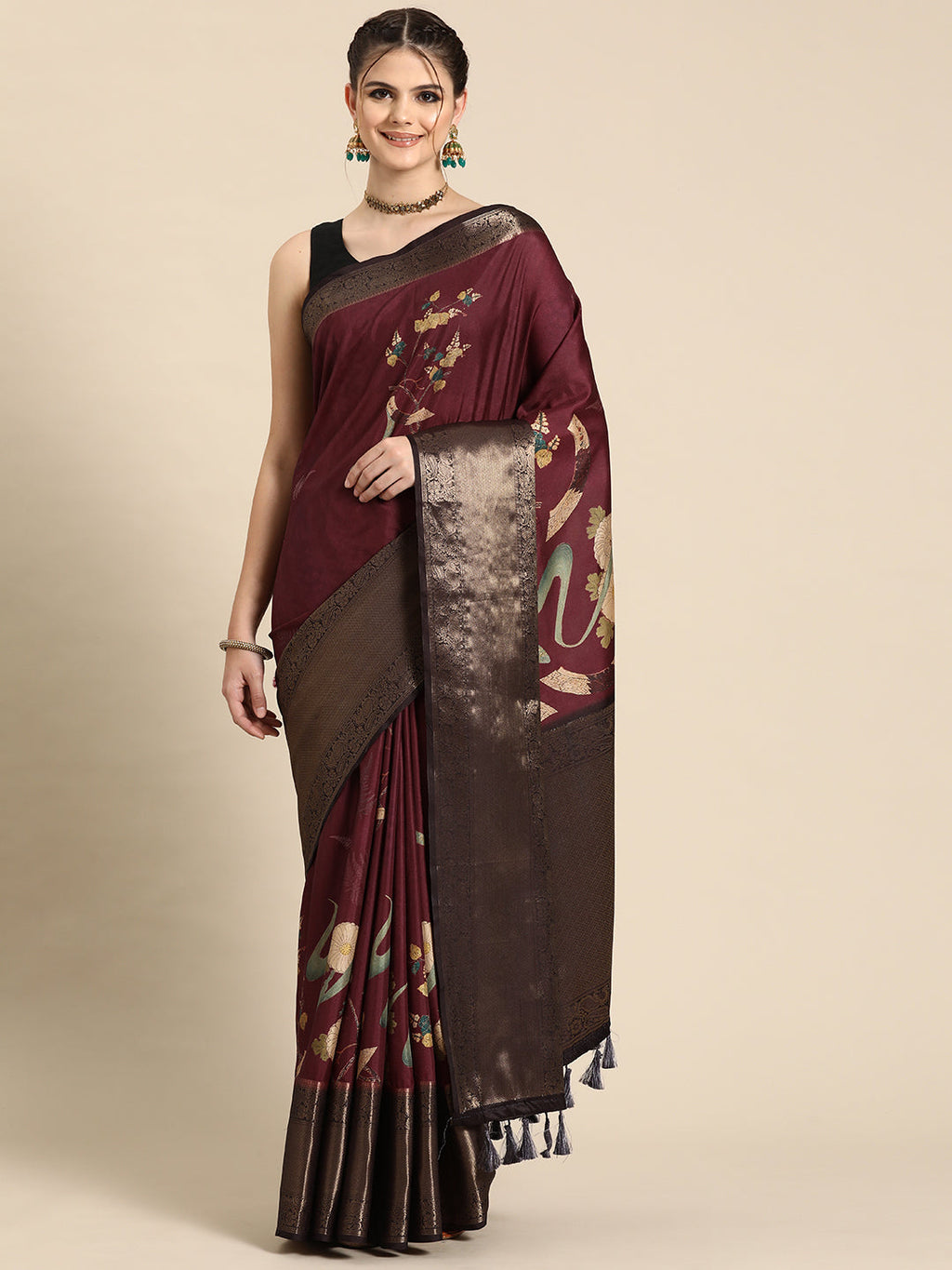 Purple Kanchipuram silk saree with digital floral print and unstitched blouse piece