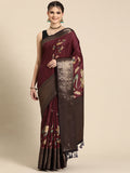 Purple Kanchipuram silk saree with digital floral print and unstitched blouse piece
