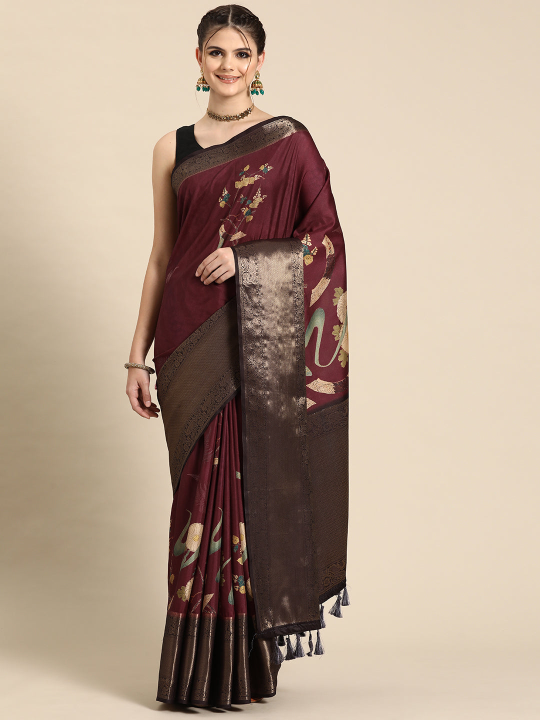 Purple Kanchipuram silk saree with digital floral print and unstitched blouse piece