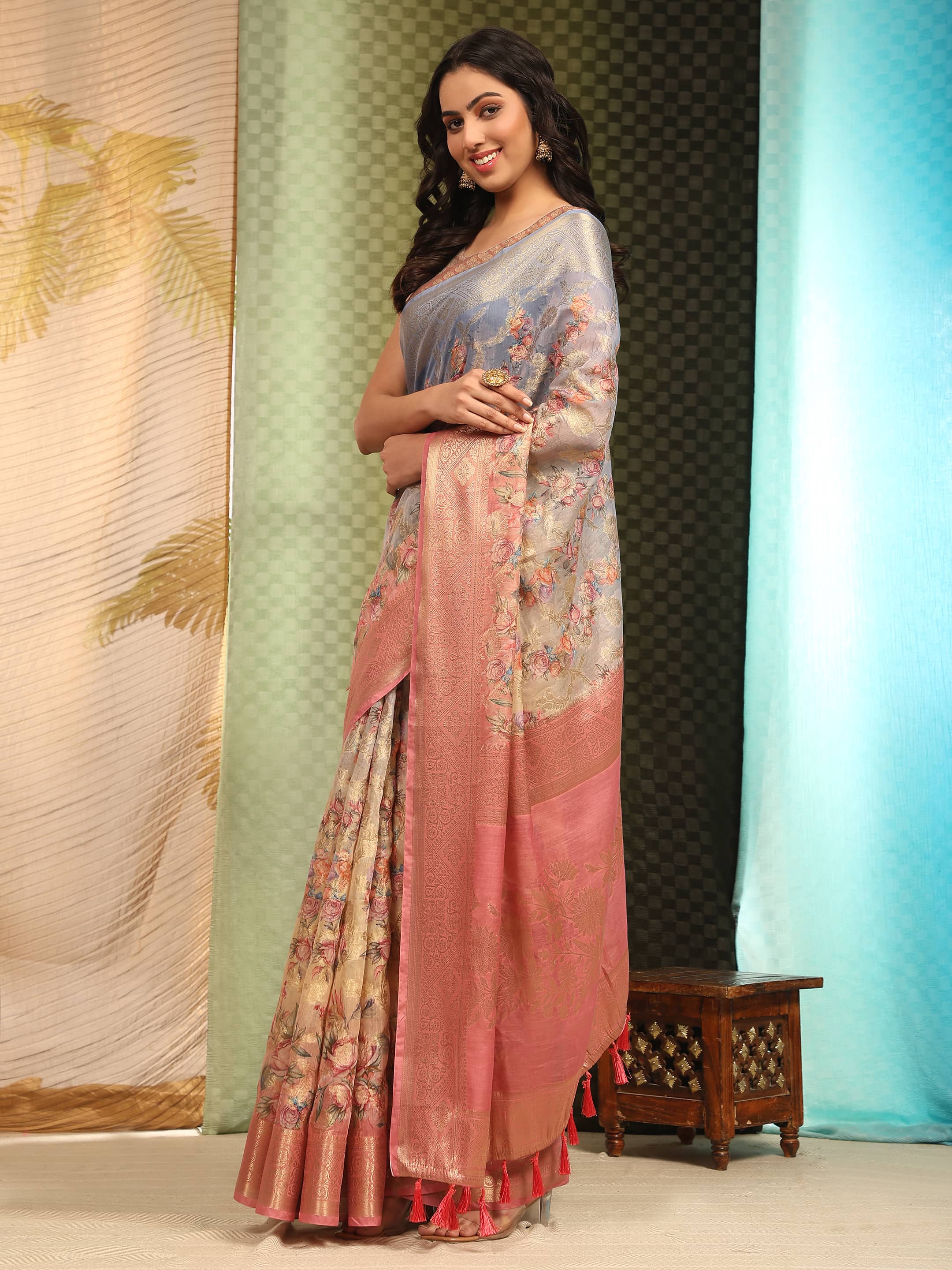 Multicolor Floral Cotton Blend Saree with Unstitched Blouse