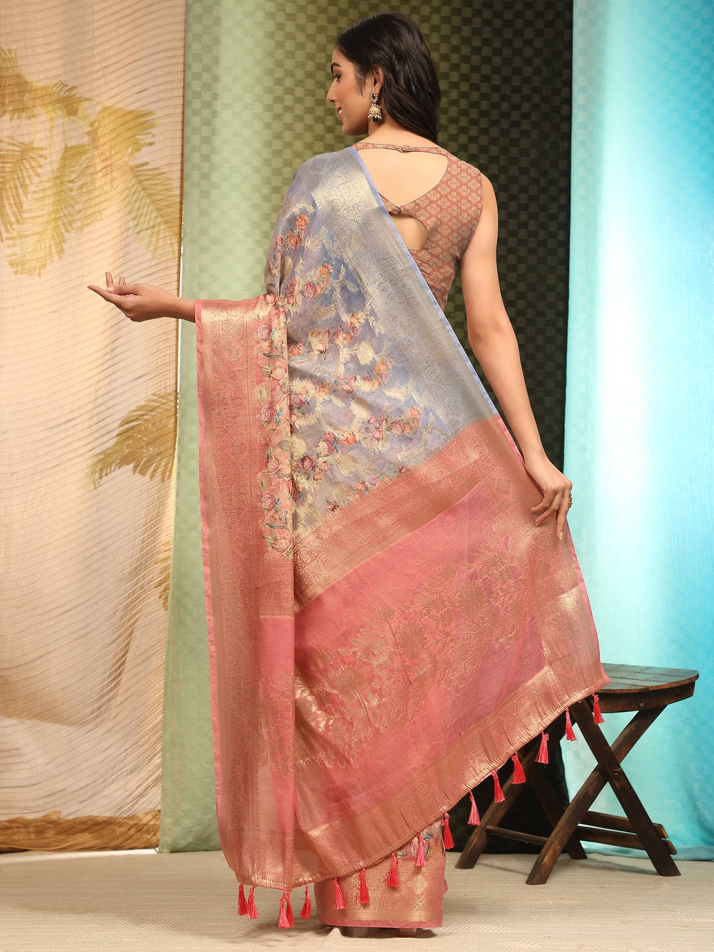 Multicolor Floral Cotton Blend Saree with Unstitched Blouse