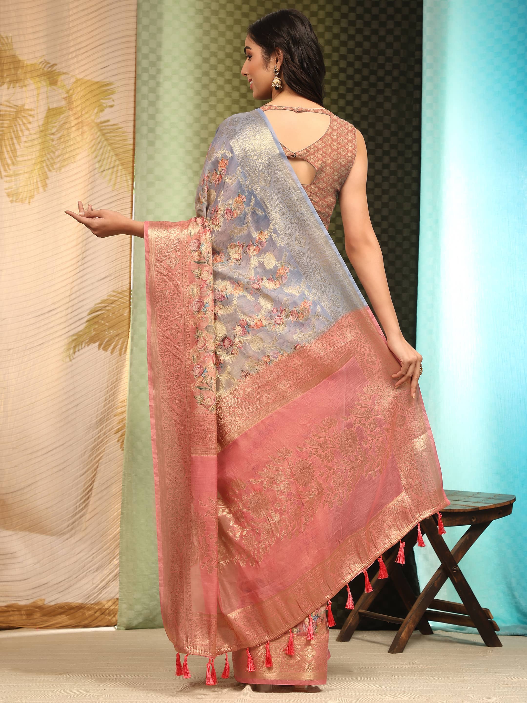 Multicolor Floral Cotton Blend Saree with Unstitched Blouse