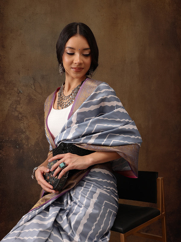 Gray silk blend saree with digital striped print and unstitched blouse