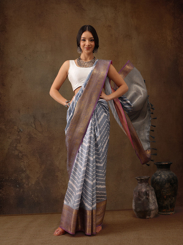 Gray Silk Blend Digital Print Striped Saree with Blouse