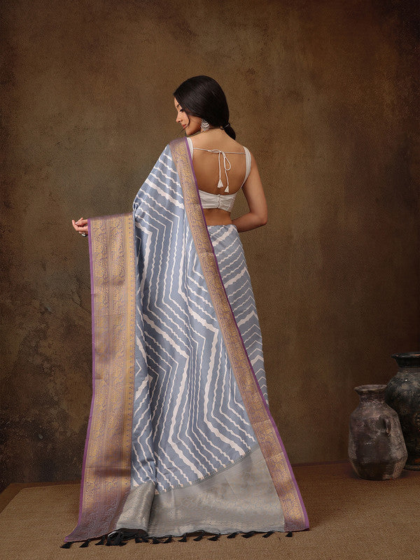 Gray Silk Blend Digital Print Striped Saree with Blouse