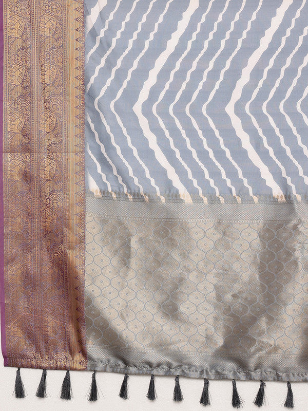 Gray Silk Blend Digital Print Striped Saree with Blouse