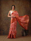 Peach colored silk blend saree with striped digital print and included blouse piece