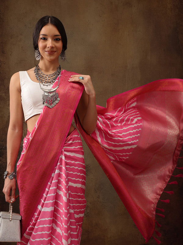 Pink silk blend saree with contemporary striped digital print and matching blouse piece
