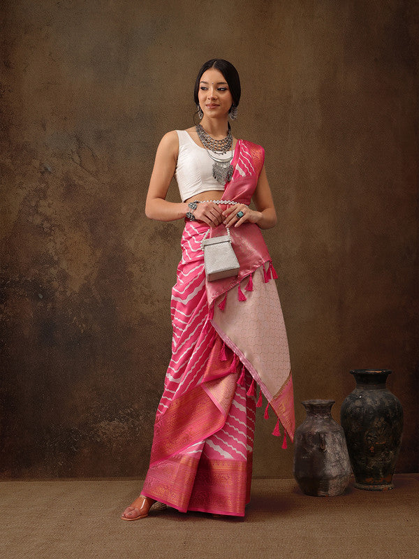 Pink Silk Blend Digital Print Striped Saree with Blouse