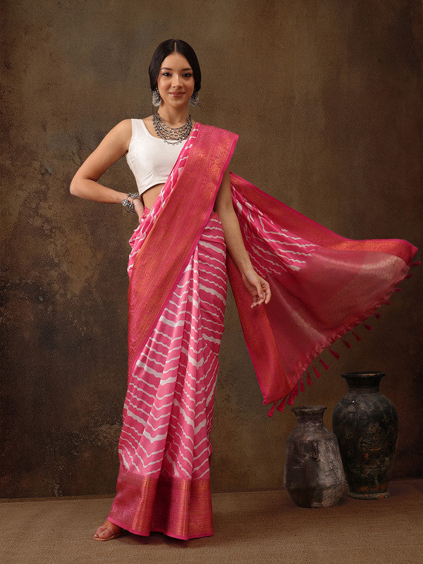 Pink Silk Blend Digital Print Striped Saree with Blouse