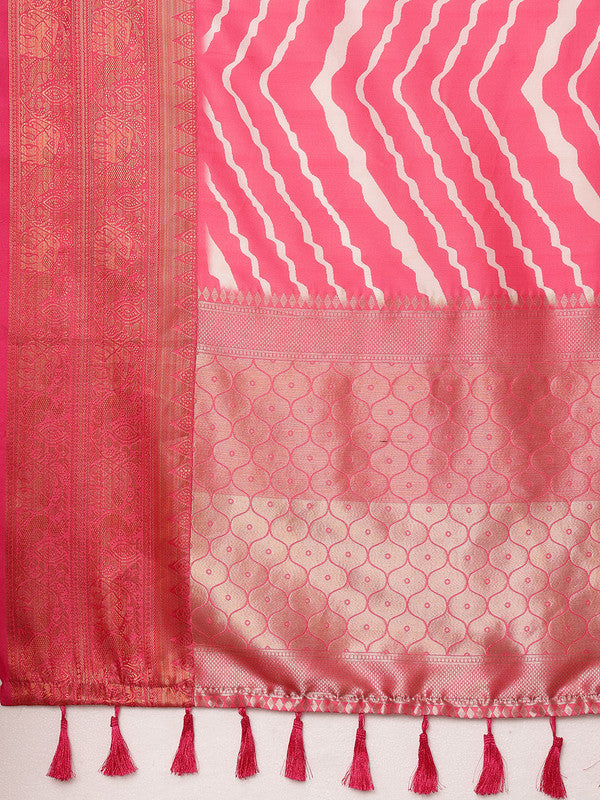 Pink Silk Blend Digital Print Striped Saree with Blouse