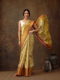 Yellow silk blend saree with digital print stripes and unstitched blouse fabric