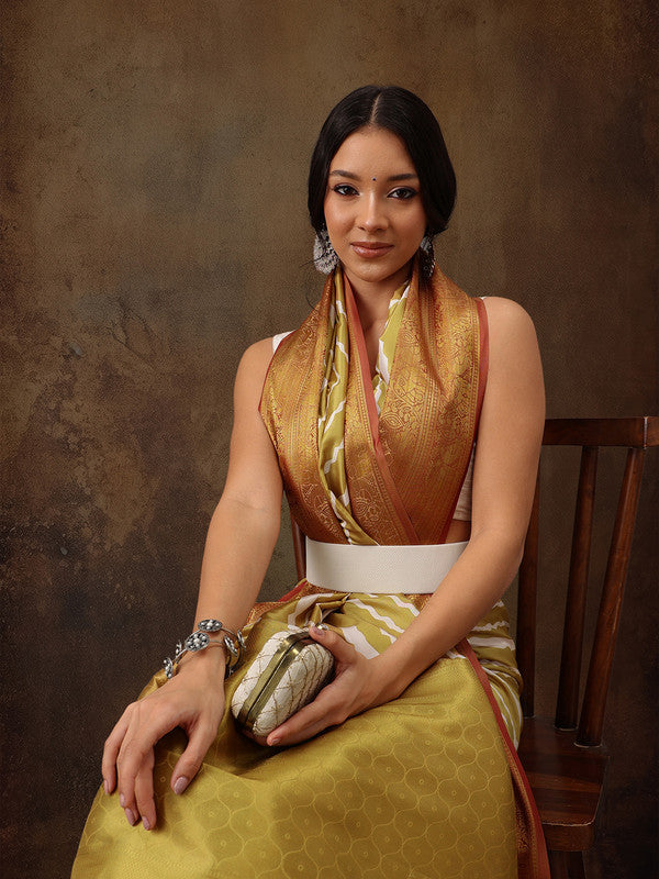 Yellow Striped Silk Blend Digital Print Saree with Blouse Piece