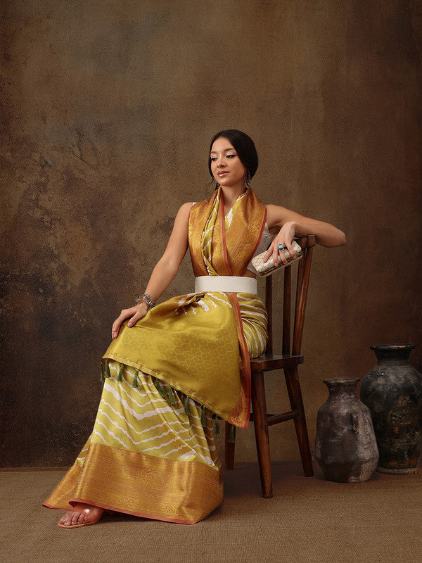 Yellow Striped Silk Blend Digital Print Saree with Blouse Piece