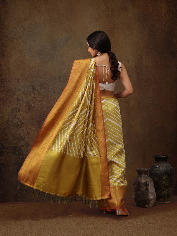 Yellow Striped Silk Blend Digital Print Saree with Blouse Piece