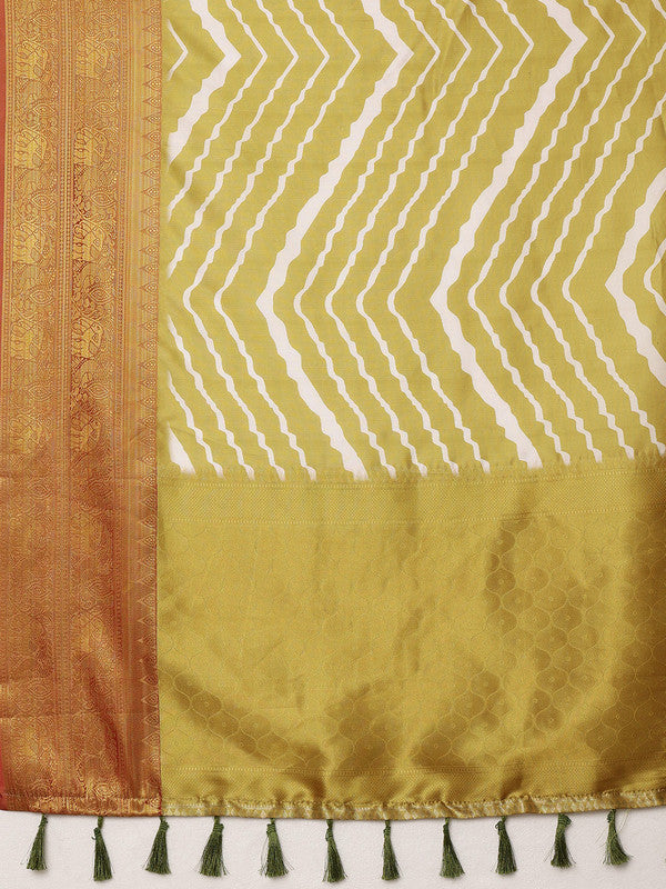 Yellow Striped Silk Blend Digital Print Saree with Blouse Piece