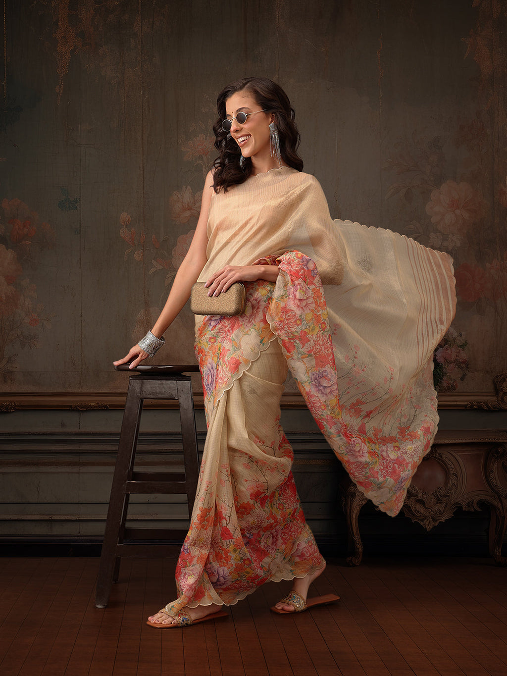 Beige Kota Doria tissue silk saree with delicate floral digital print