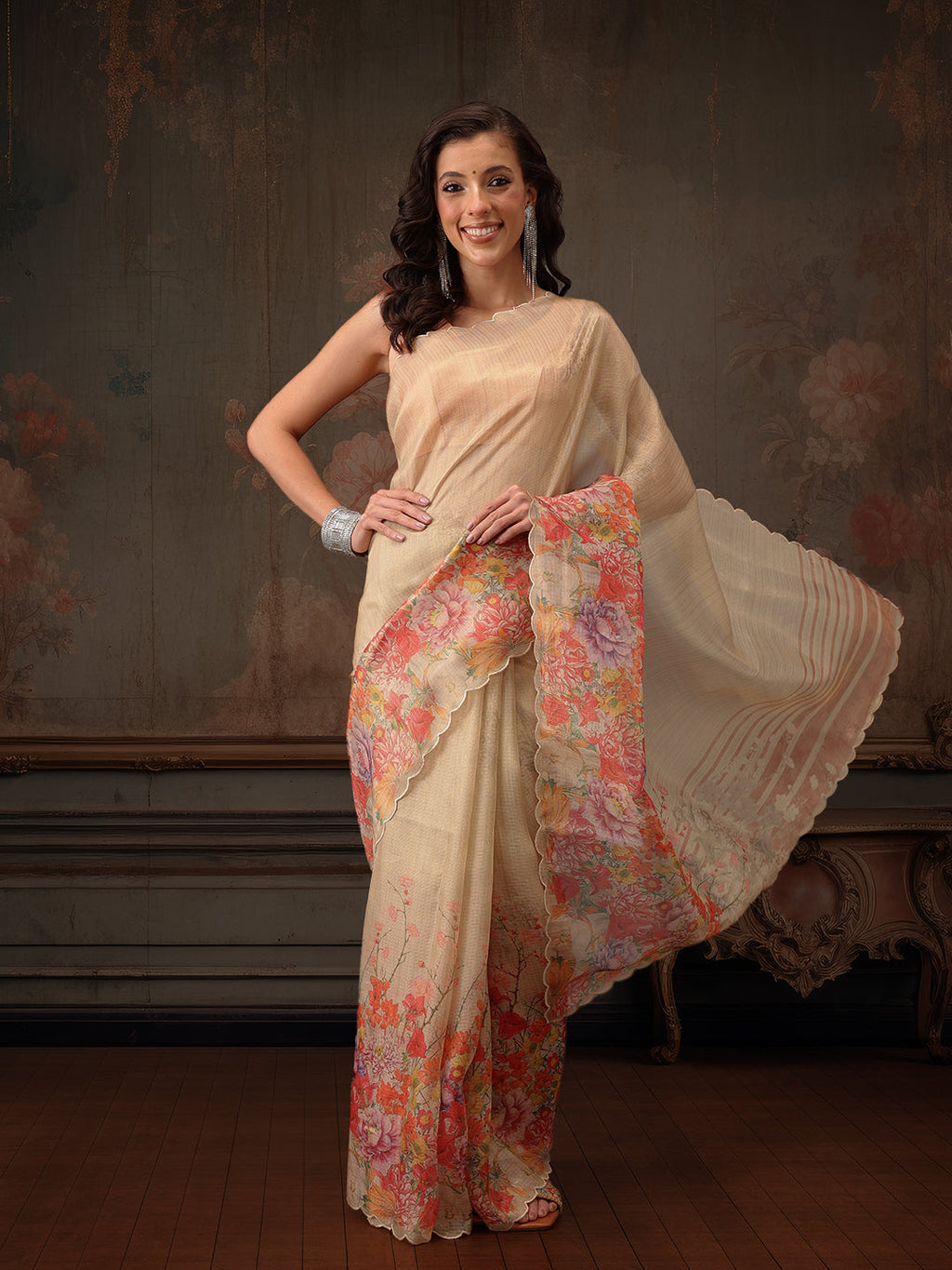 Beige Kota Doria Tissue Silk Floral Digital Print Saree