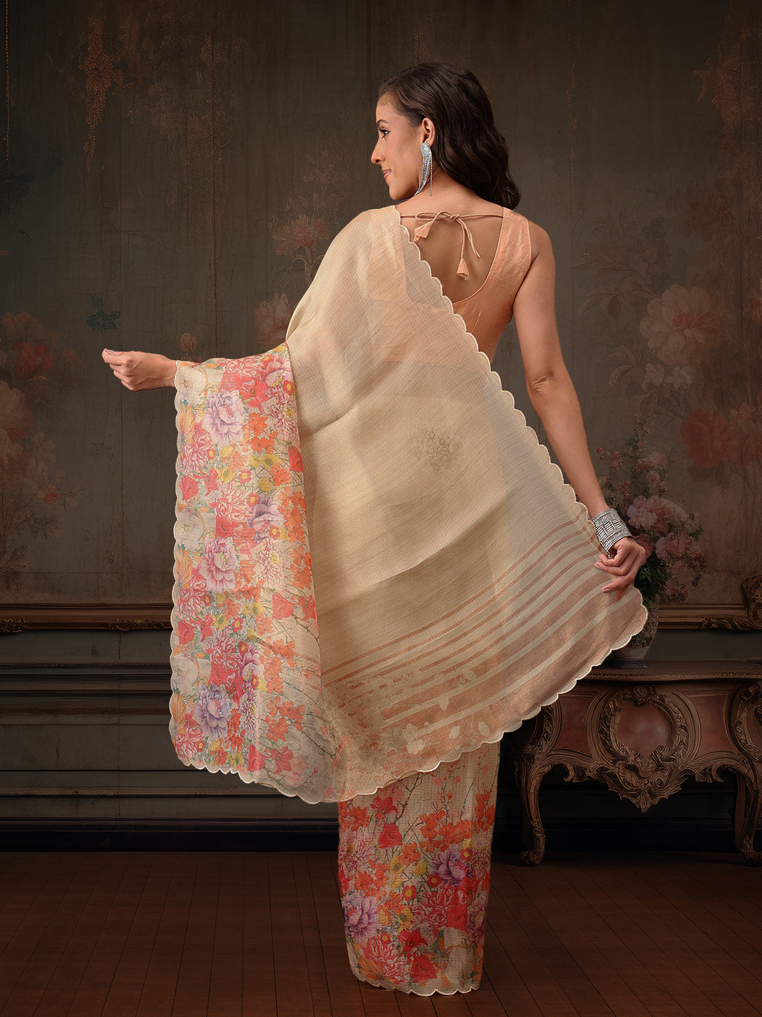 Beige Kota Doria Tissue Silk Floral Digital Print Saree