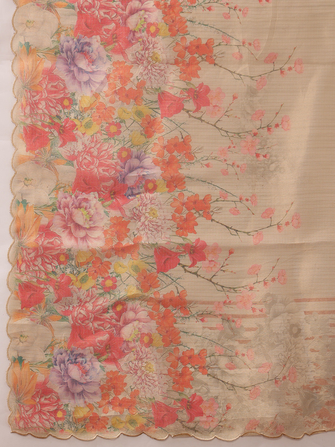 Beige Kota Doria Tissue Silk Floral Digital Print Saree