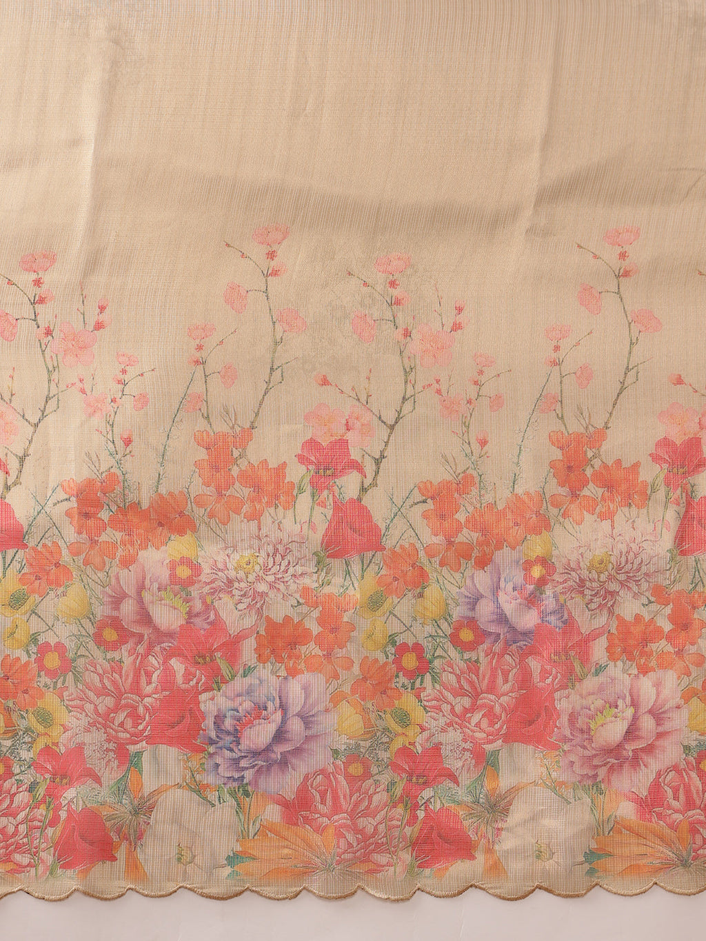 Beige Kota Doria Tissue Silk Floral Digital Print Saree