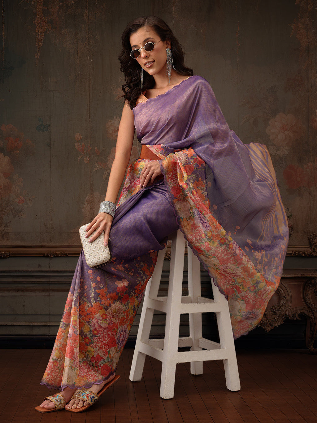 Lavender Kota Doria tissue silk saree with floral digital print pattern