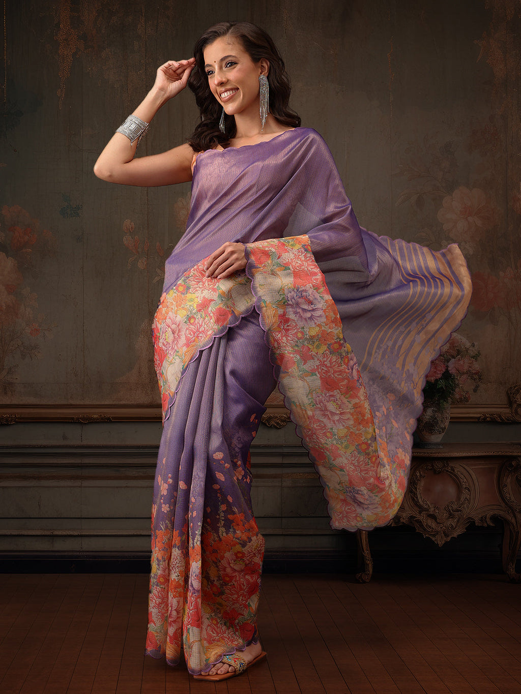 Lavender Kota Doria Tissue Silk Saree with Floral Digital Print