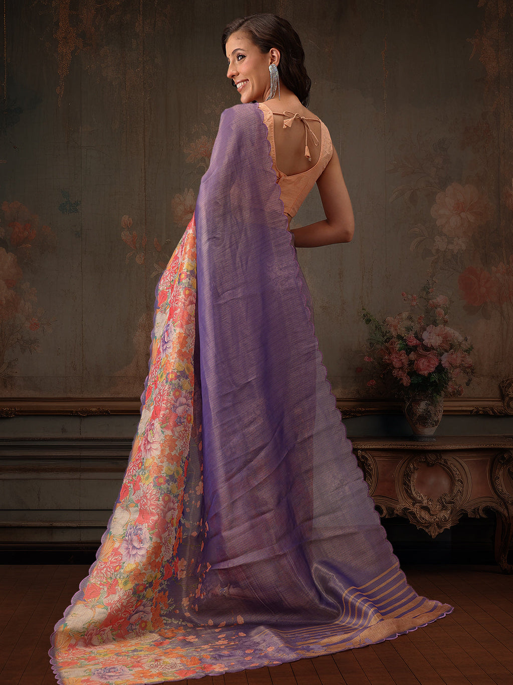Lavender Kota Doria Tissue Silk Saree with Floral Digital Print