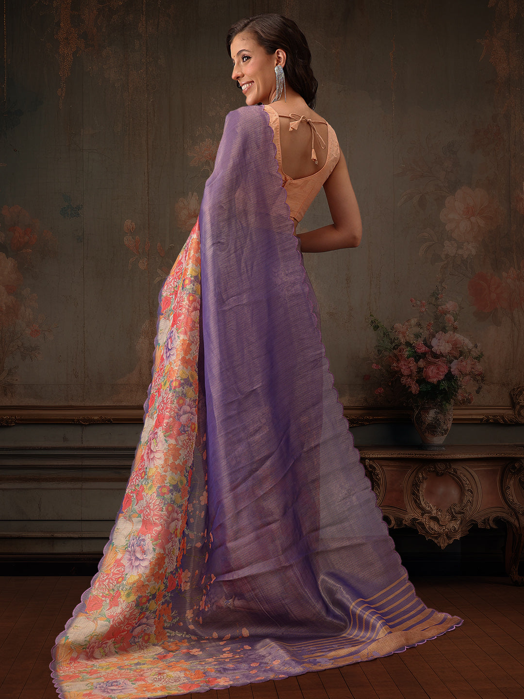 Lavender Kota Doria Tissue Silk Saree with Floral Digital Print