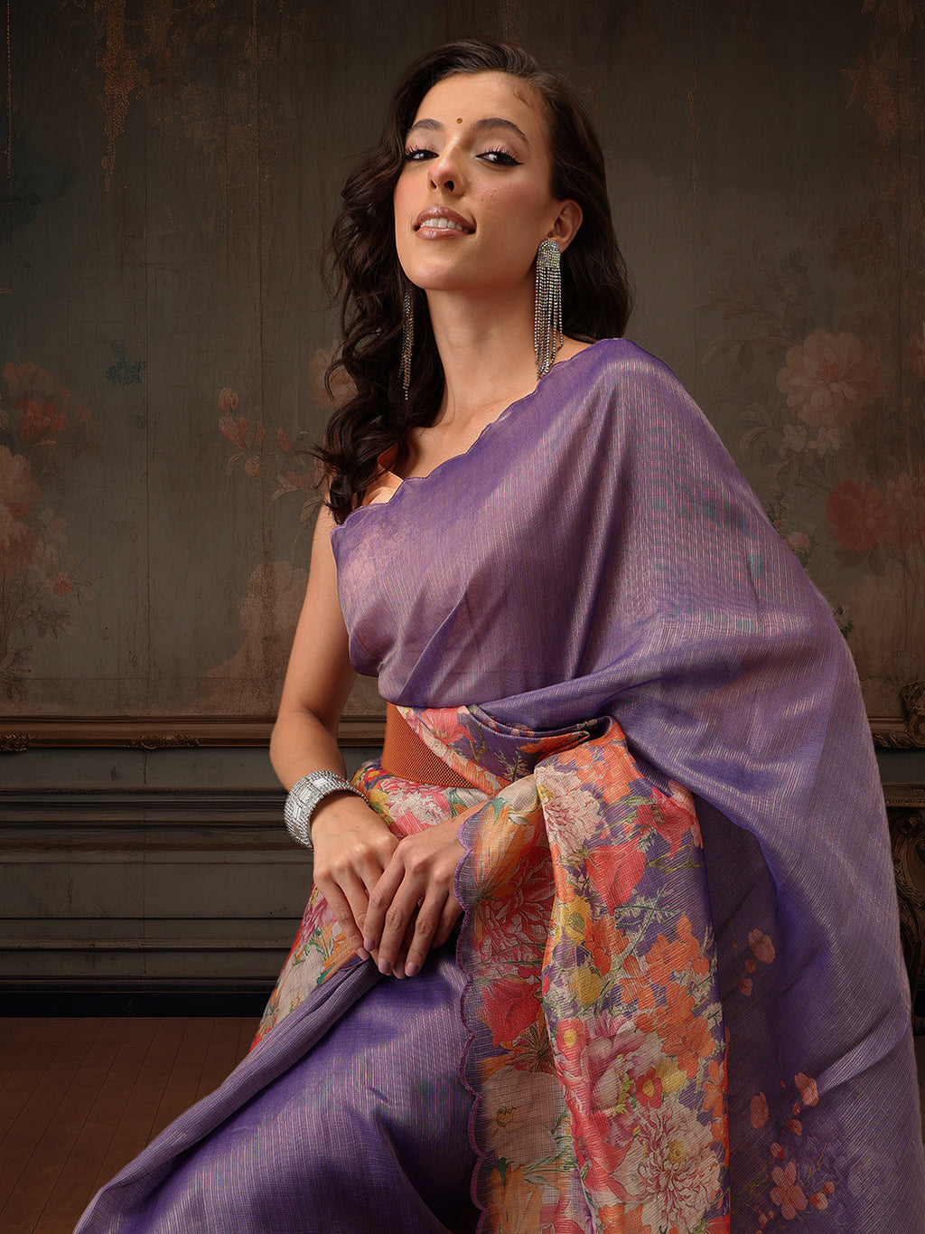 Lavender Kota Doria Tissue Silk Saree with Floral Digital Print