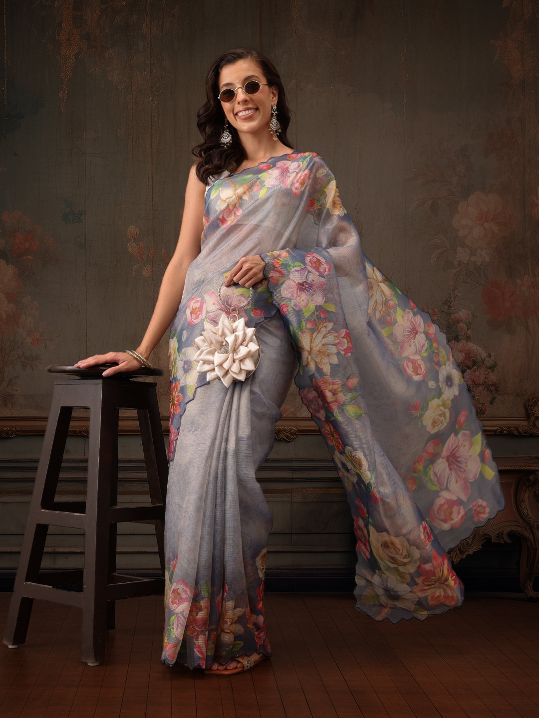 Blue Kota Doria tissue silk saree featuring a vibrant floral digital print