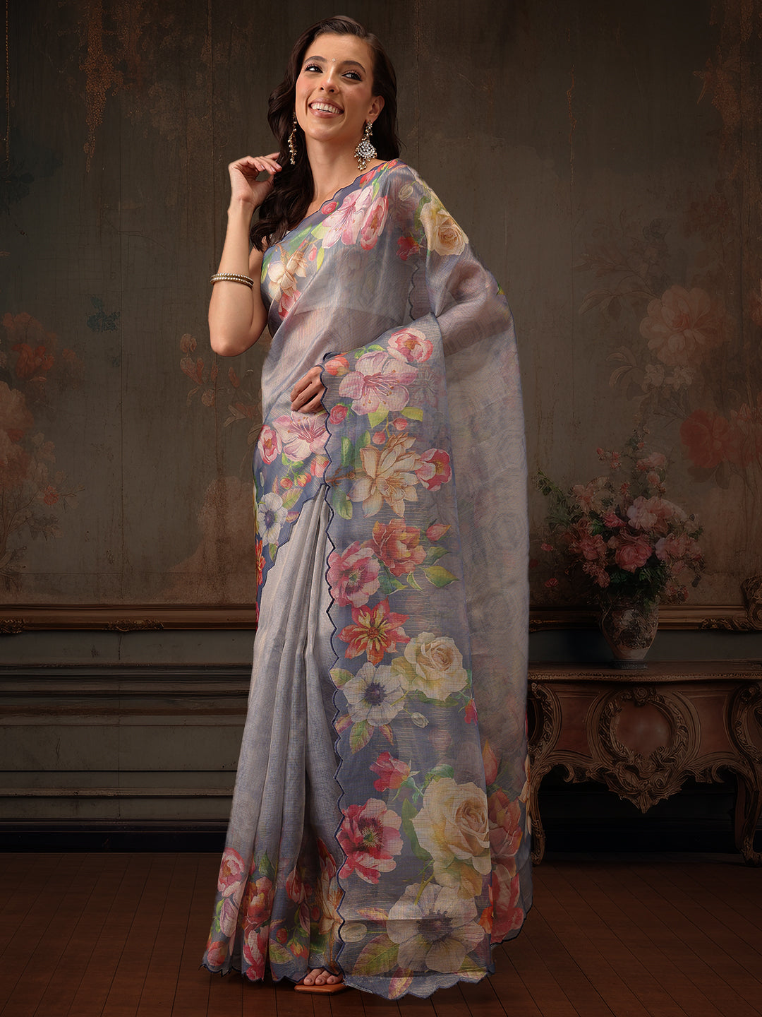 Blue Kota Doria Tissue Silk Floral Digital Print Saree