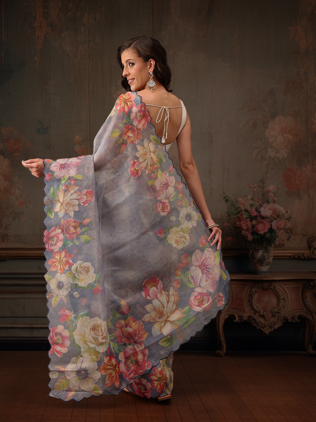 Blue Kota Doria Tissue Silk Floral Digital Print Saree