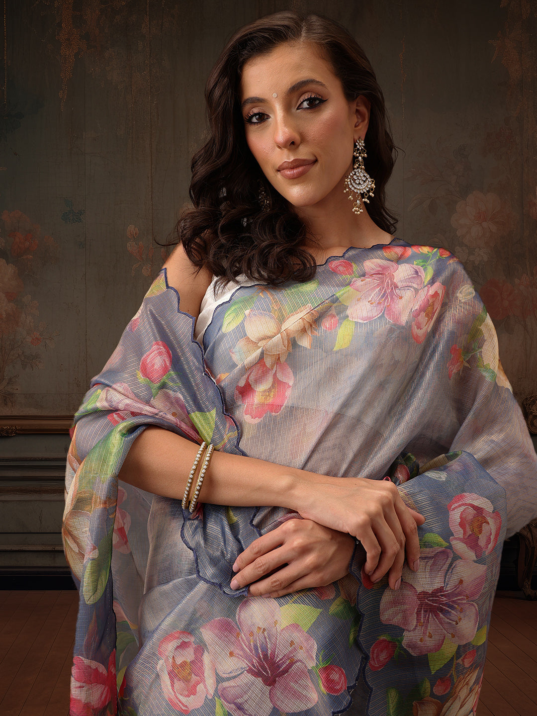 Blue Kota Doria Tissue Silk Floral Digital Print Saree