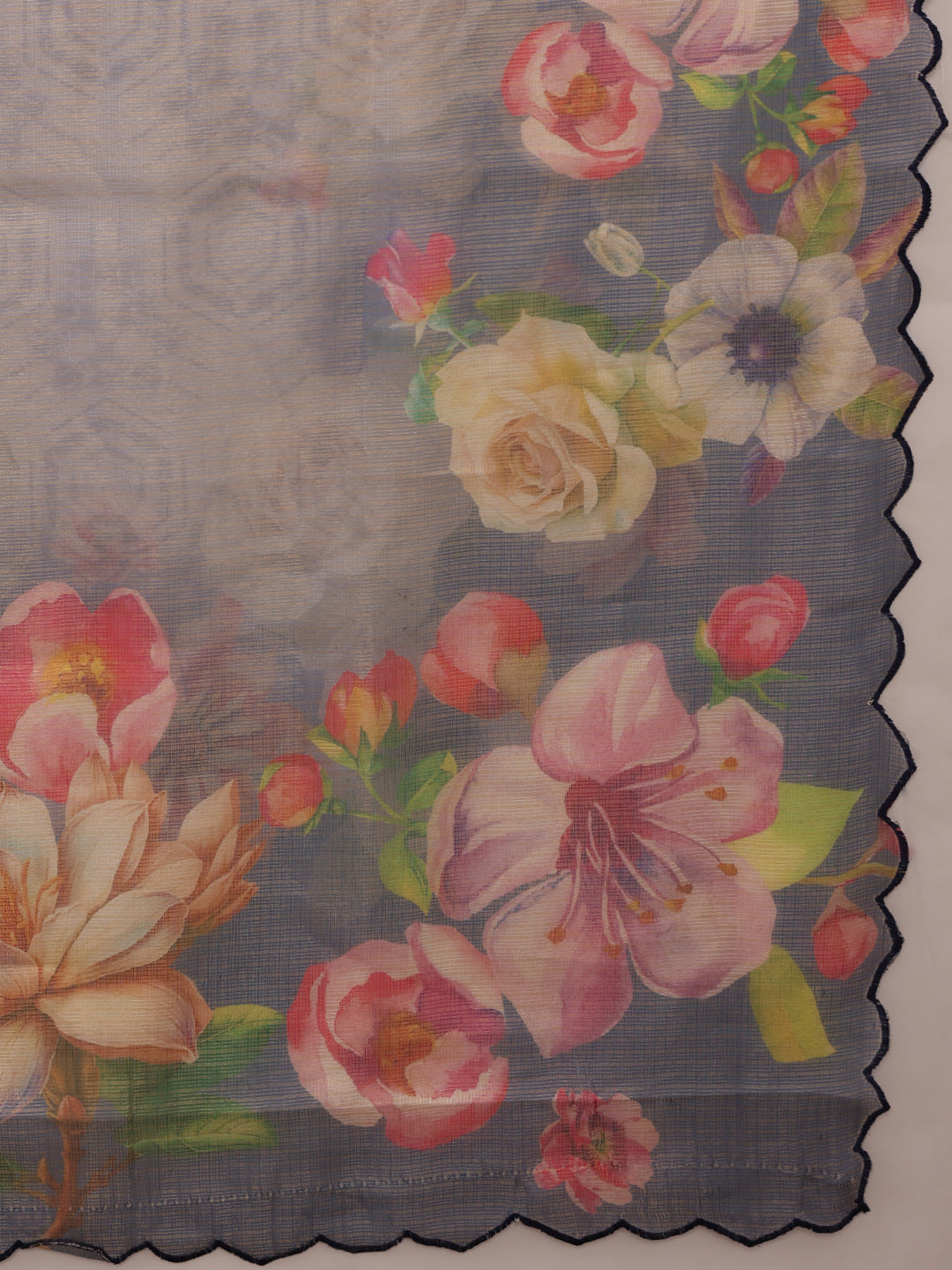 Blue Kota Doria Tissue Silk Floral Digital Print Saree