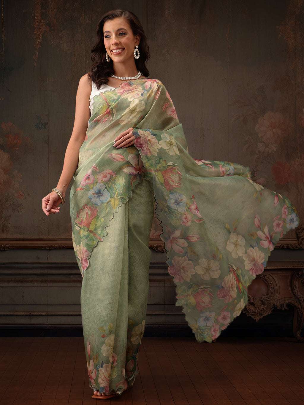 Green Kota Doria tissue silk saree with vibrant digital floral print