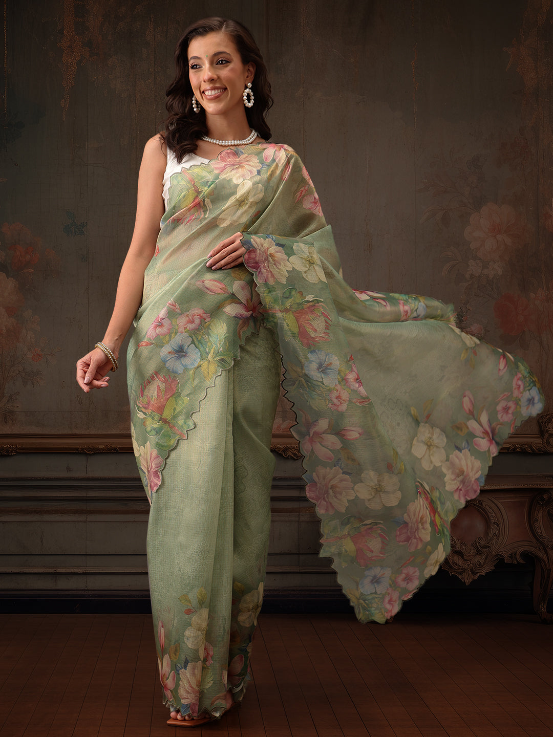 Green Kota Doria tissue silk saree with vibrant digital floral print